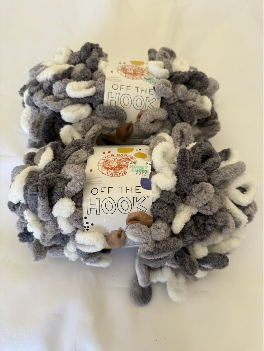 Lion Brand Off the Hook Yarn 2 Skeins Misty Morning Greys White Jumbo NEW 3.5 oz